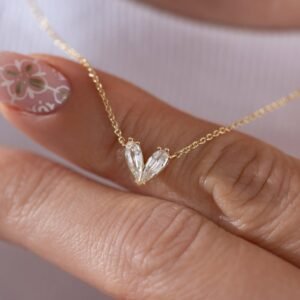 Marquise Diamond Heart Necklace Gold, Minimalist V Shape Pendant, Dainty Diamond Necklace, Gift for Her, Fine Jewelry Layering Necklace