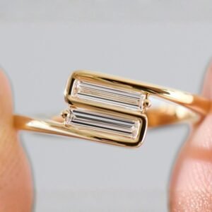 Baguette Cubic Zirconia Diamond Ring | Minimalist Open Yellow Gold/Silver Band, Stackable Geometric Jewelry
