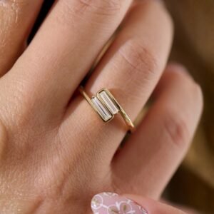 Baguette Cubic Zirconia Diamond Ring | Minimalist Open Yellow Gold/Silver Band, Stackable Geometric Jewelry